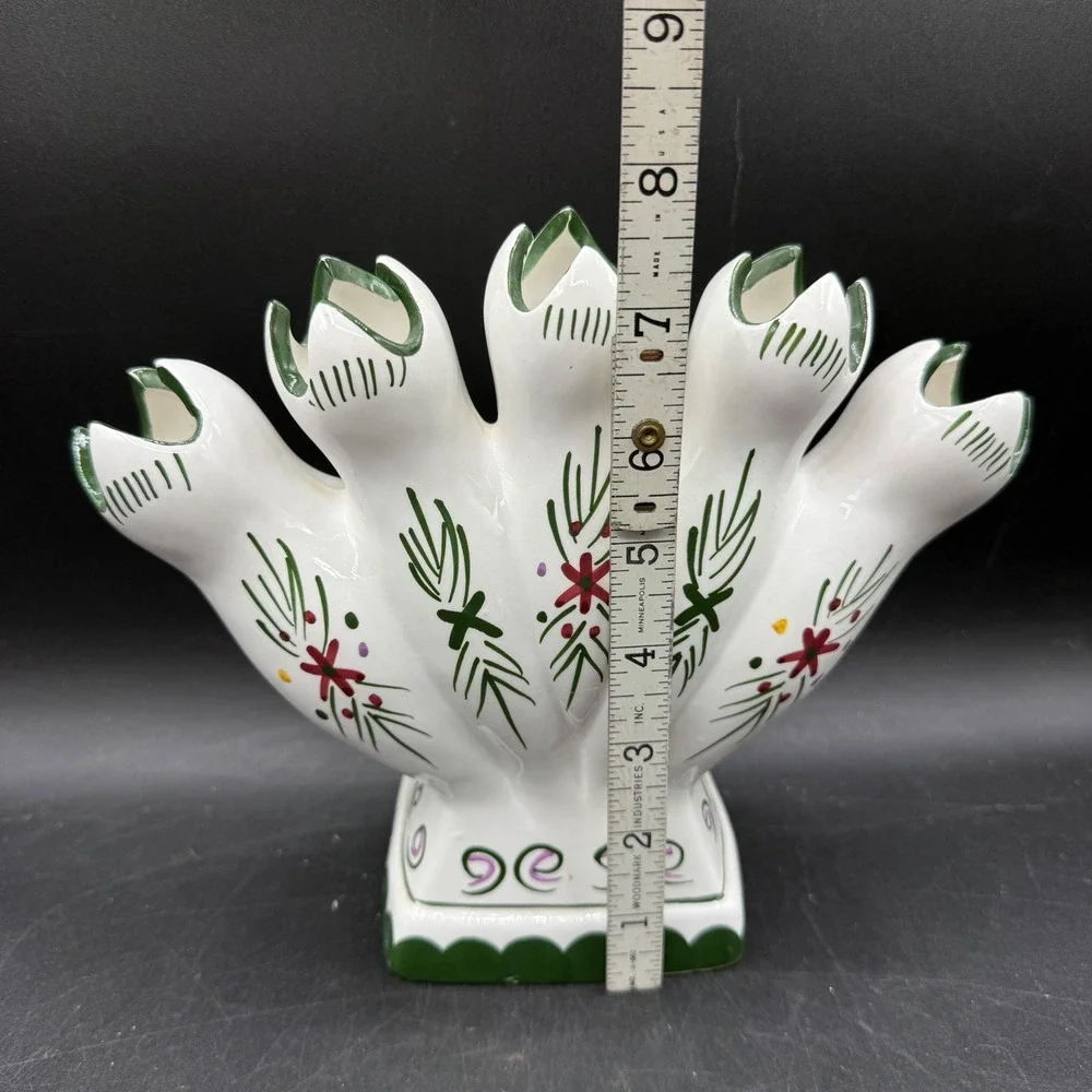 Vintage Ceramic Tulip 5 Finger‎ Vase Hand Painted Floral White Green Portugal